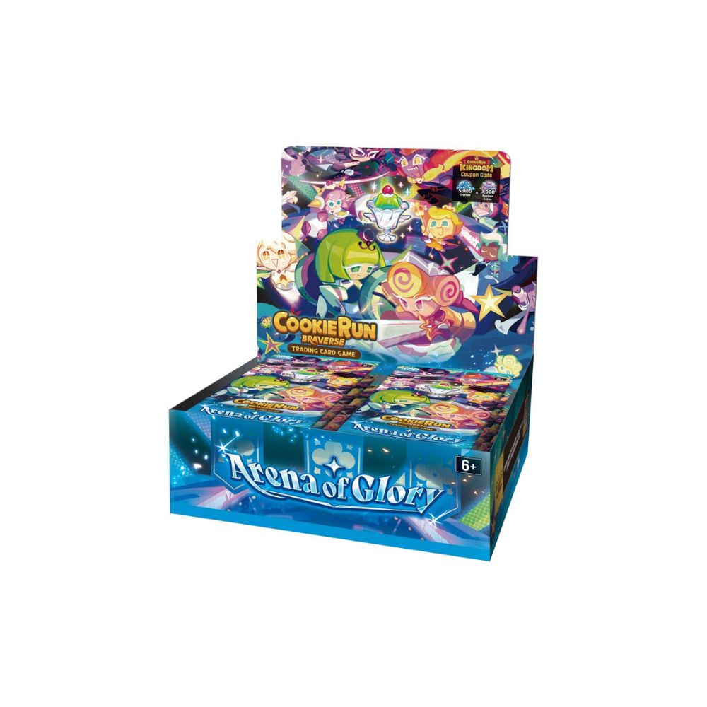 CookieRun Braverse TCG Arena of Glory Booster Box featuring characters and artwork from the CookieRun universe. Contains multiple booster packs with cards centered on battles and themes from the Arena of Glory set.
