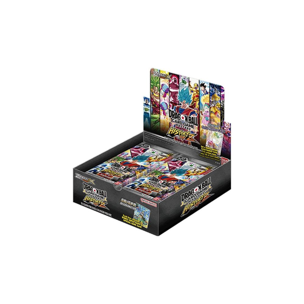 The image shows a Dragon Ball Super History of Z Booster Box, containing collectible cards that highlight iconic characters and moments from the Dragon Ball Z saga.