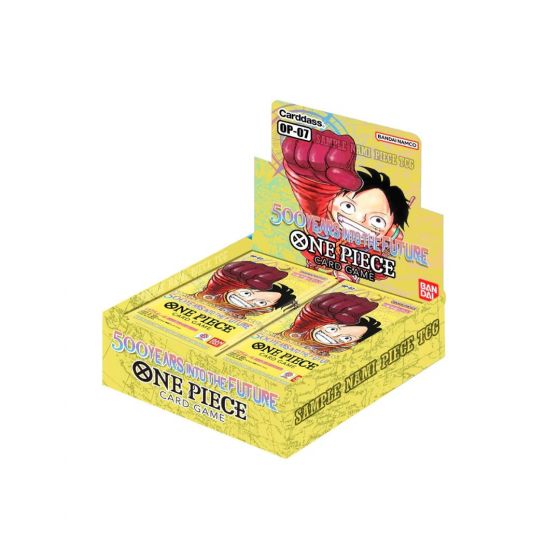 The image shows a One Piece - 500 Years in the Future OP07 Booster Box. This booster box contains a variety of cards from the One Piece Trading Card Game, featuring characters and themes set in a futuristic vision of the One Piece world. Sergio’s Collection