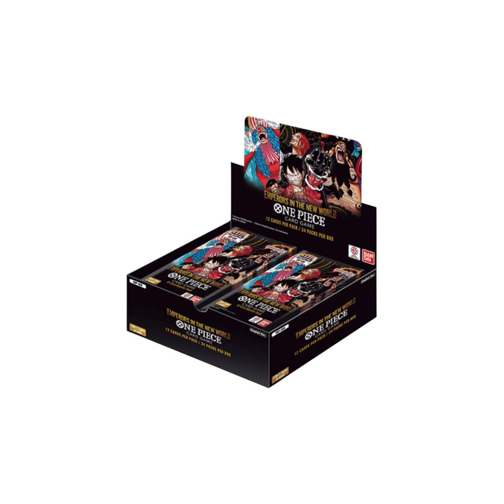 One Piece Emperors in the New World Booster Box showcasing cards of the four legendary emperors.