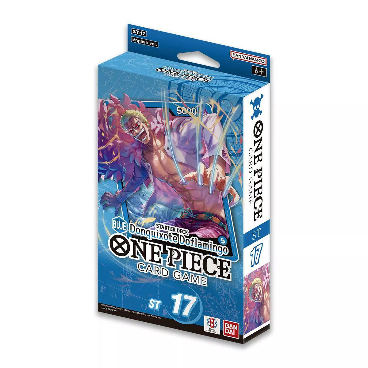 The image features the One Piece Starter Deck 17 - Blue Donquixote Doflamingo, highlighting the powerful character Donquixote Doflamingo. This blue-themed starter deck is designed to introduce new players to strategic gameplay within the One Piece card game. Sergio’s Collection