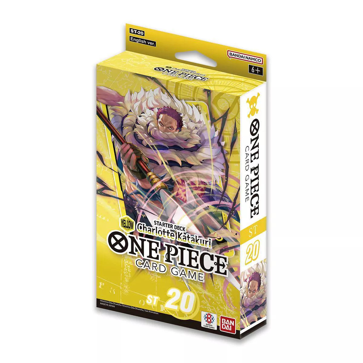 The image depicts the One Piece Starter Deck 20 - Yellow Charlotte Katakuri, featuring the imposing character Katakuri. This yellow-themed starter deck is crafted to introduce players to unique gameplay strategies within the One Piece card game. Sergio’s Collection