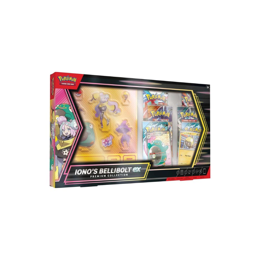 The image shows the Pokémon Iono’s Bellibolt EX Premium Collection, featuring exclusive promo cards, booster packs, and Bellibolt EX in a premium display set.