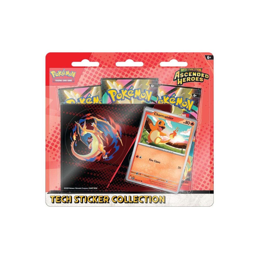 Pokémon TCG Mega Evolution Ascended Heroes Tech Sticker Collection featuring Mega Evolution–themed artwork and collectibles.
Includes booster packs, a promo card, and a tech sticker designed for fans of the Ascended Heroes set.