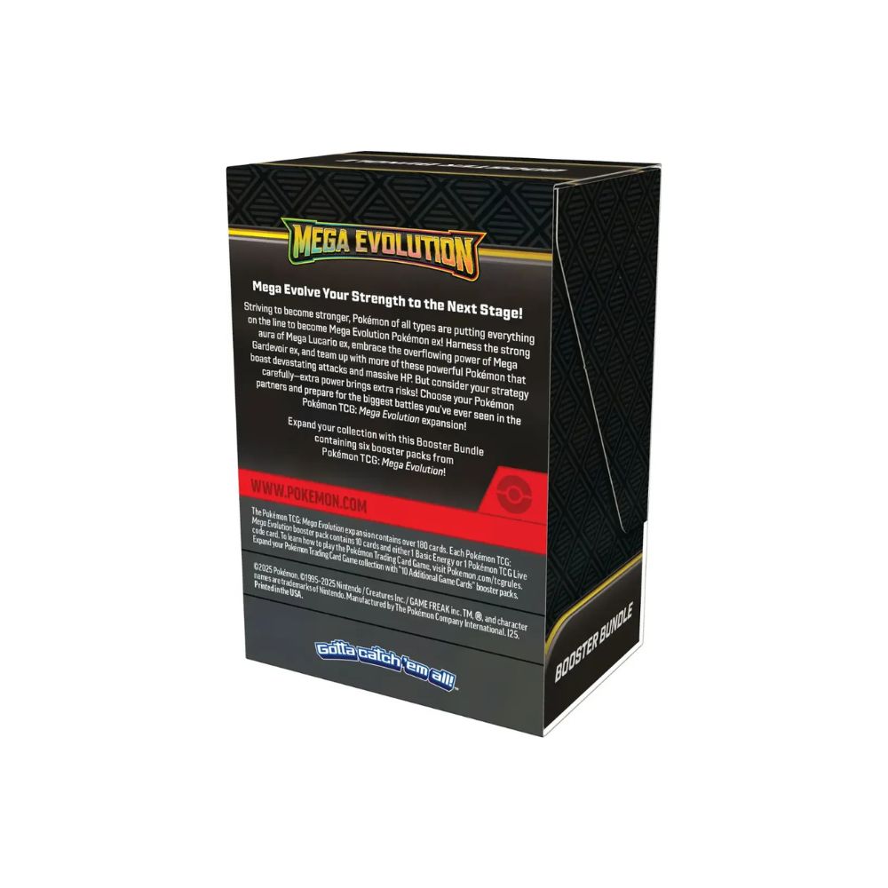 The image shows the back of the Pokémon TCG Mega Evolution ME01 Booster Bundle. The reverse side provides product details and highlights the included booster packs.