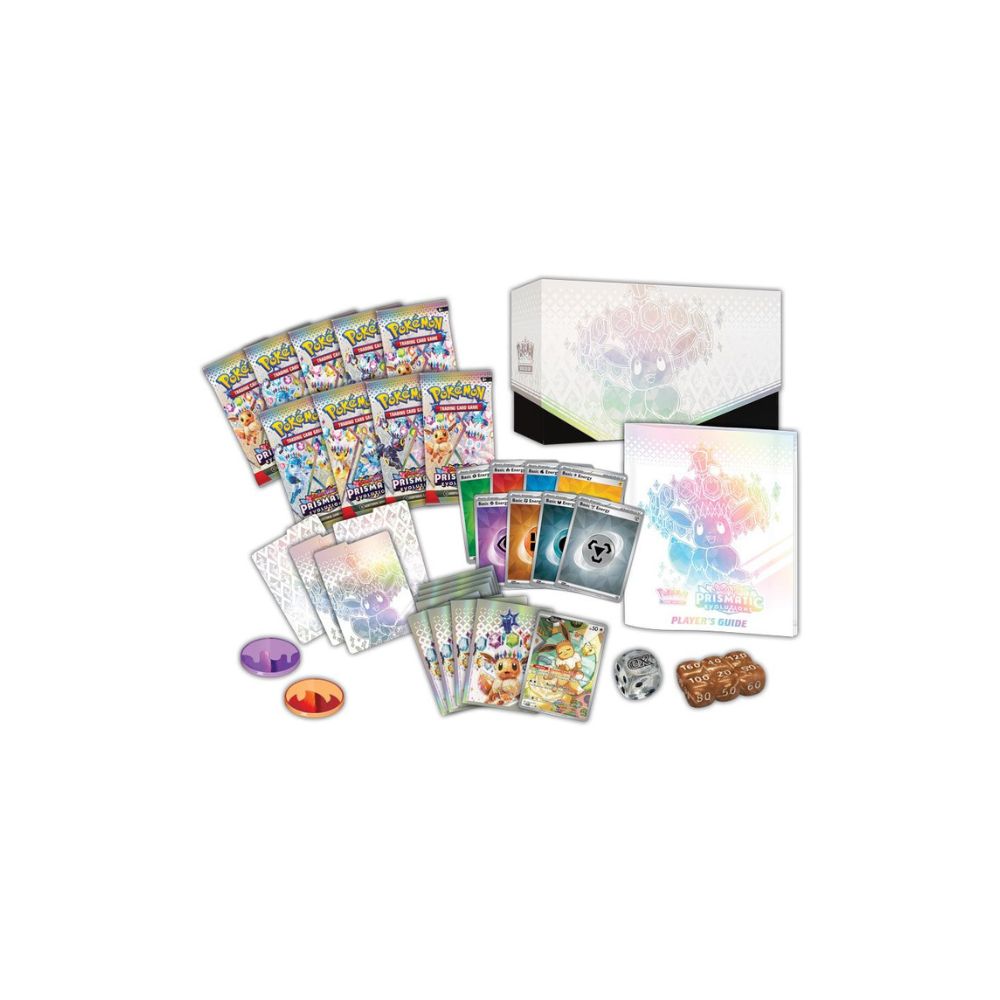 Contents of the Pokemon TCG Prismatic Evolutions Elite Trainer Box, including booster packs, exclusive sleeves, a player's guide, and premium dice. Sergio's Collection