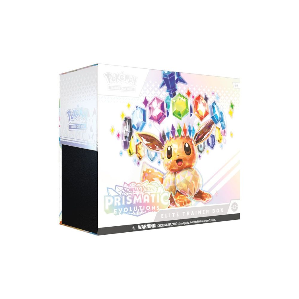 Pokemon TCG Prismatic Evolutions Elite Trainer Box, featuring exclusive items, booster packs, and accessories. Sergio's Collection.