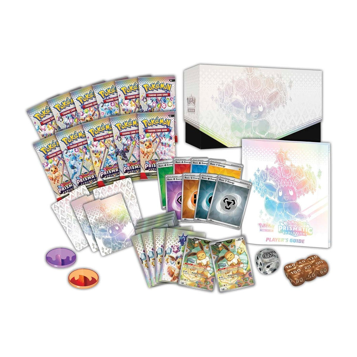 Contents of the Pokémon TCG Prismatic Evolutions Pokémon Center Elite Trainer Box, featuring booster packs, player’s guides, card sleeves, and promotional items for avid collectors. Sergio’s Collection.