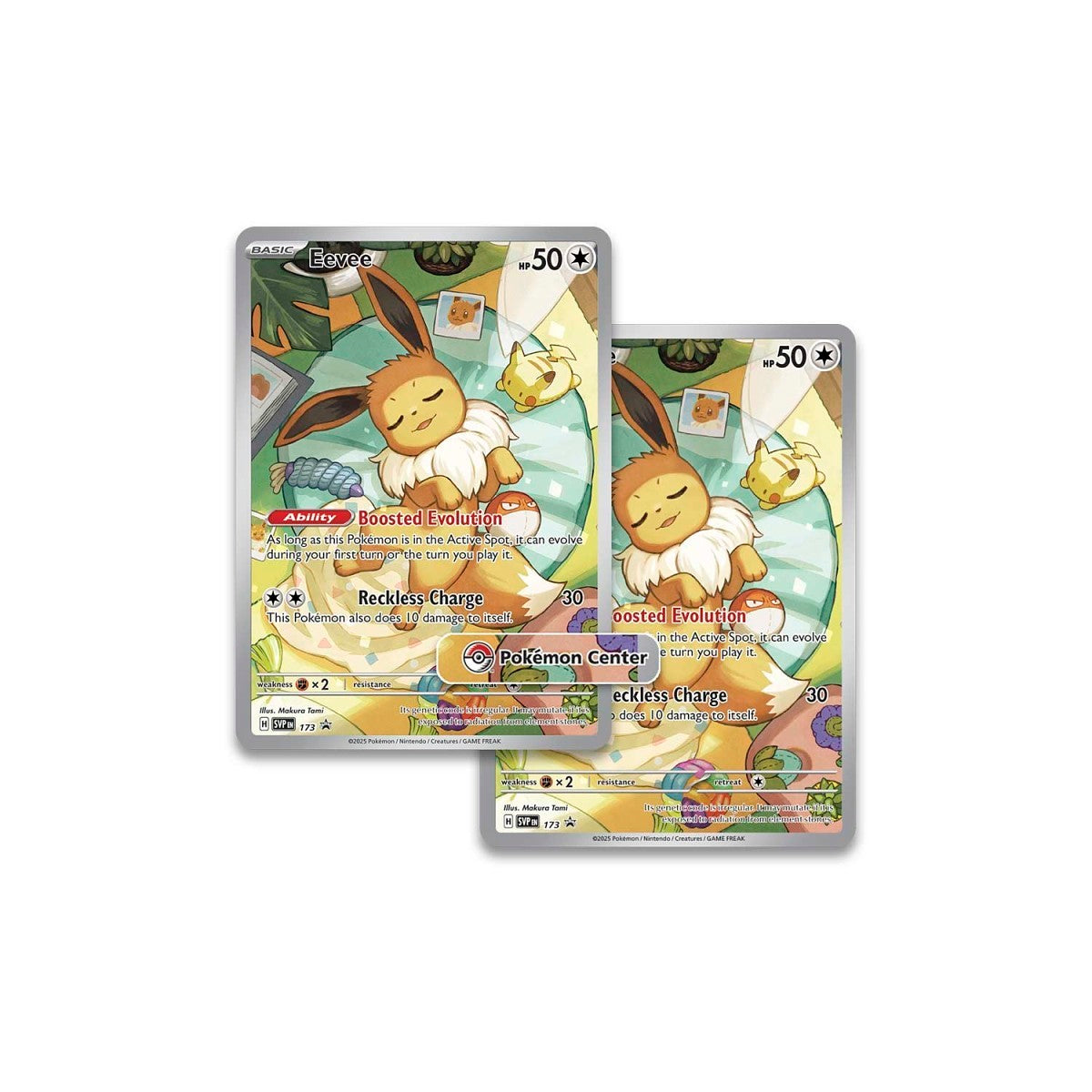 Promotional items for the Pokémon TCG Prismatic Evolutions Pokémon Center Elite Trainer Box, showcase an Eevee. One with a Pokemon Center stamp and one without. Sergio’s Collection