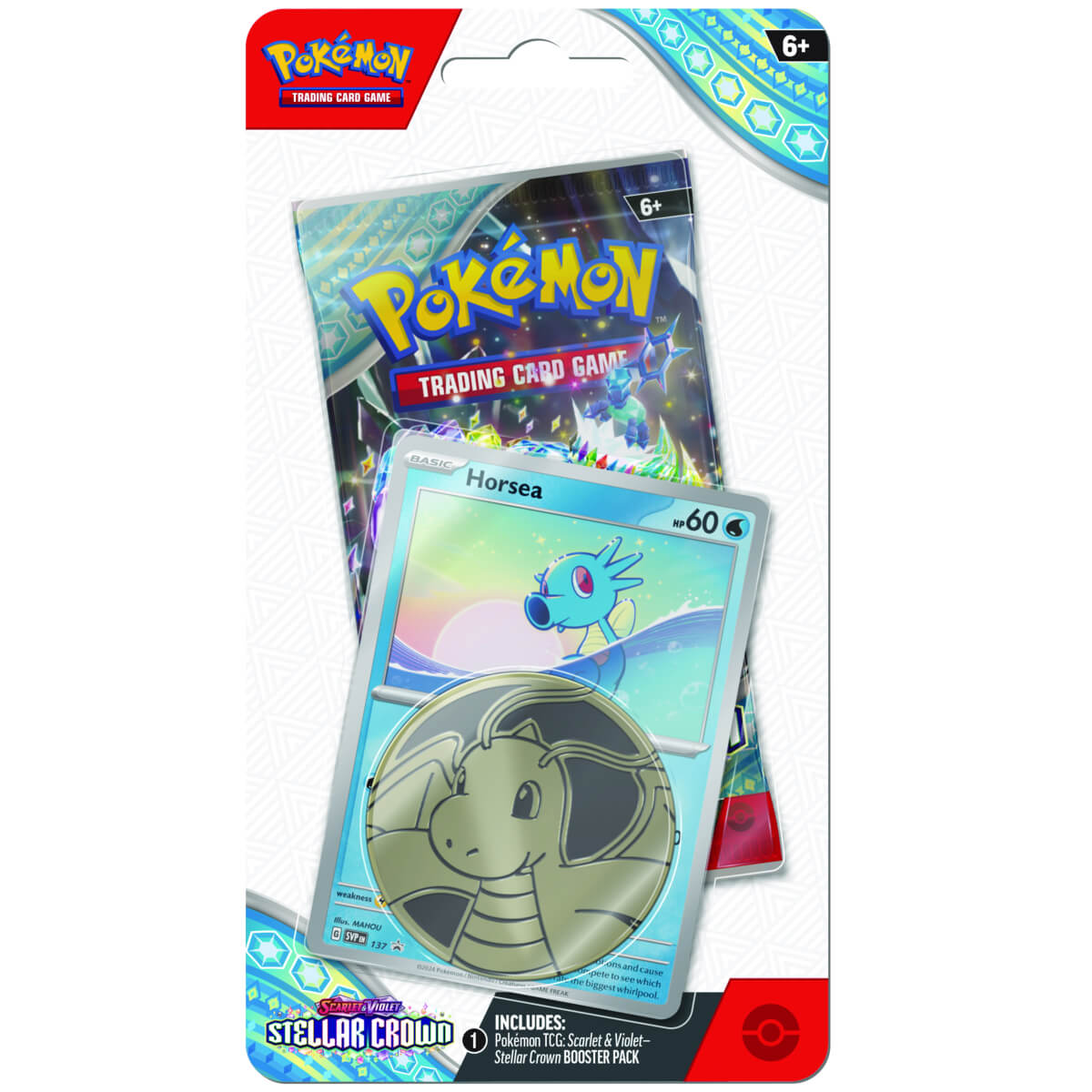 The image shows a Pokémon TCG Stellar Crown Checklane Blister featuring Horsea. Sergio’s Collection
