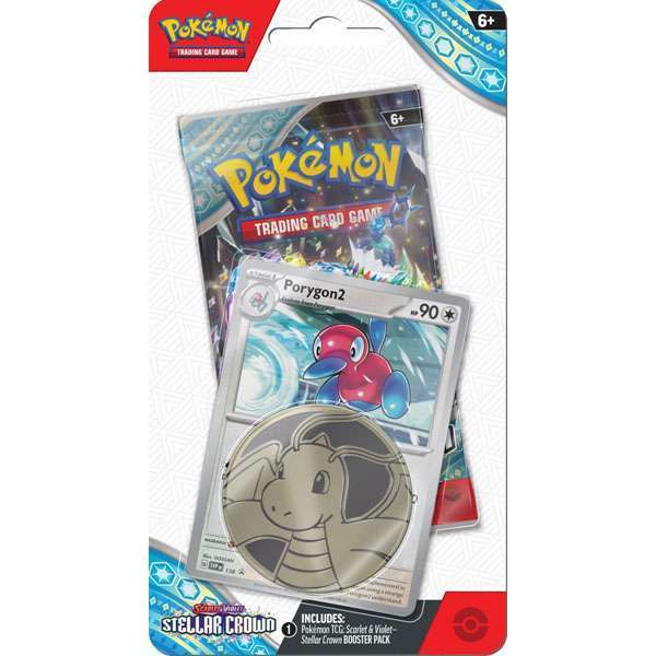 The image shows a Pokémon TCG Stellar Crown Checklane Blister featuring Porygon2. Sergio’s Collection