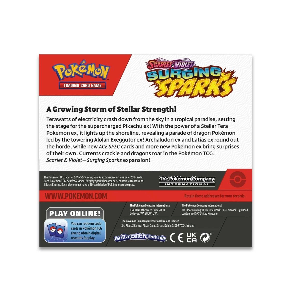 The image shows the back of a Pokémon TCG Surging Sparks Booster Box, detailing the set contents and highlighting key features. The design provides an overview of the exciting cards and themes within the Surging Sparks set. Sergio’s Collection