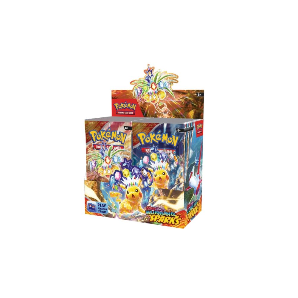 The image shows a Surging Sparks Booster Box, featuring a collection of booster packs with electrifying designs. This box is perfect for collectors and players seeking powerful cards from the Surging Sparks set. Sergio’s Collection