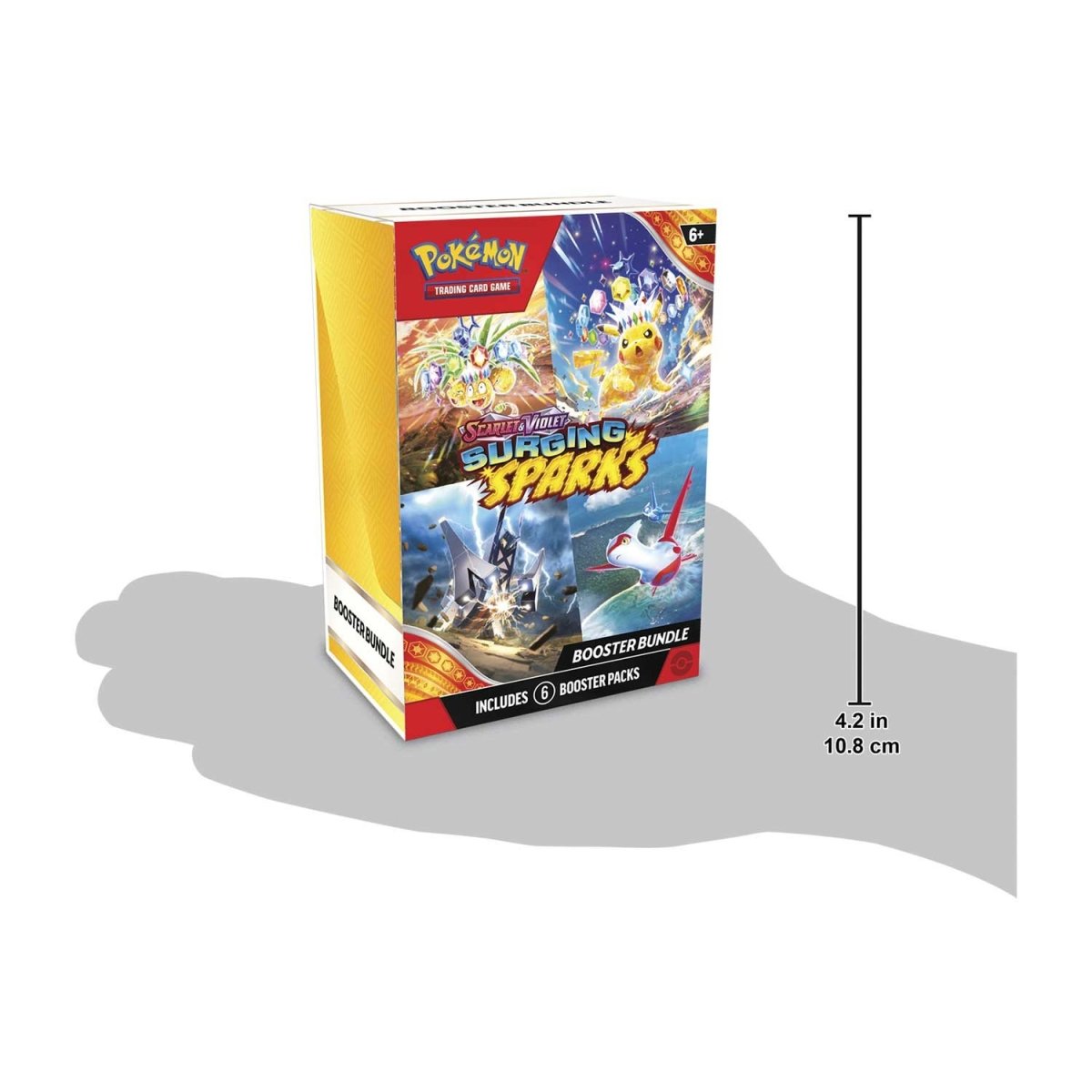 The image displays the measurement details of the Pokémon TCG Surging Sparks Booster Bundle, showing the dimensions of the bundle. This information helps collectors understand the product’s size for storage or display purposes. Sergio’s Collection
