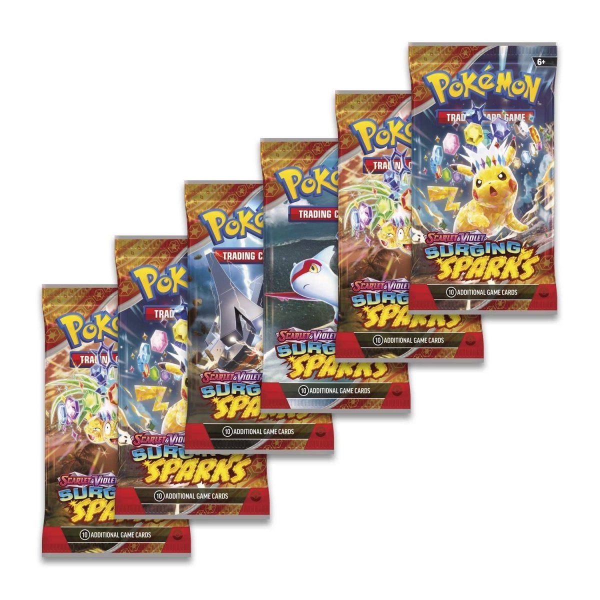 The image displays multiple booster packs from the Pokémon TCG Surging Sparks Booster Bundle, featuring colorful designs and artwork from the set. Each pack offers the chance to discover new and powerful Pokémon cards. Sergio’s Collection