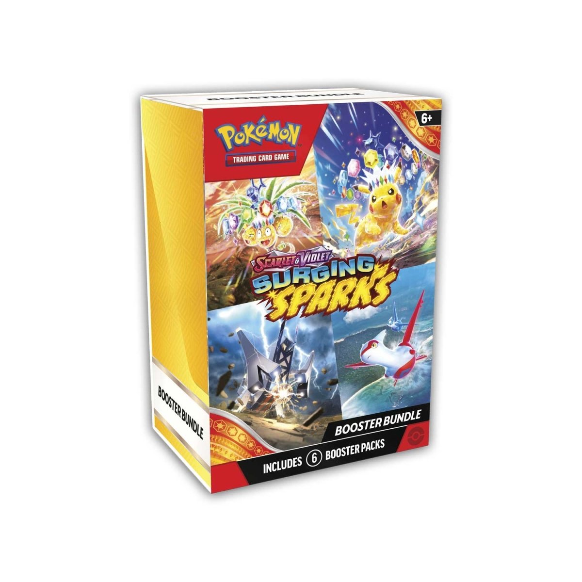 The image shows a Pokémon TCG Surging Sparks Booster Bundle, containing multiple booster packs from the Surging Sparks set. This bundle offers collectors and players a variety of cards to expand their collections.