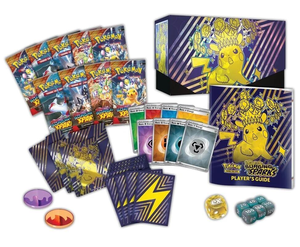 Contents of the Pokémon TCG Surging Sparks Elite Trainer Box, showcasing all included items. Sergio’s Collection