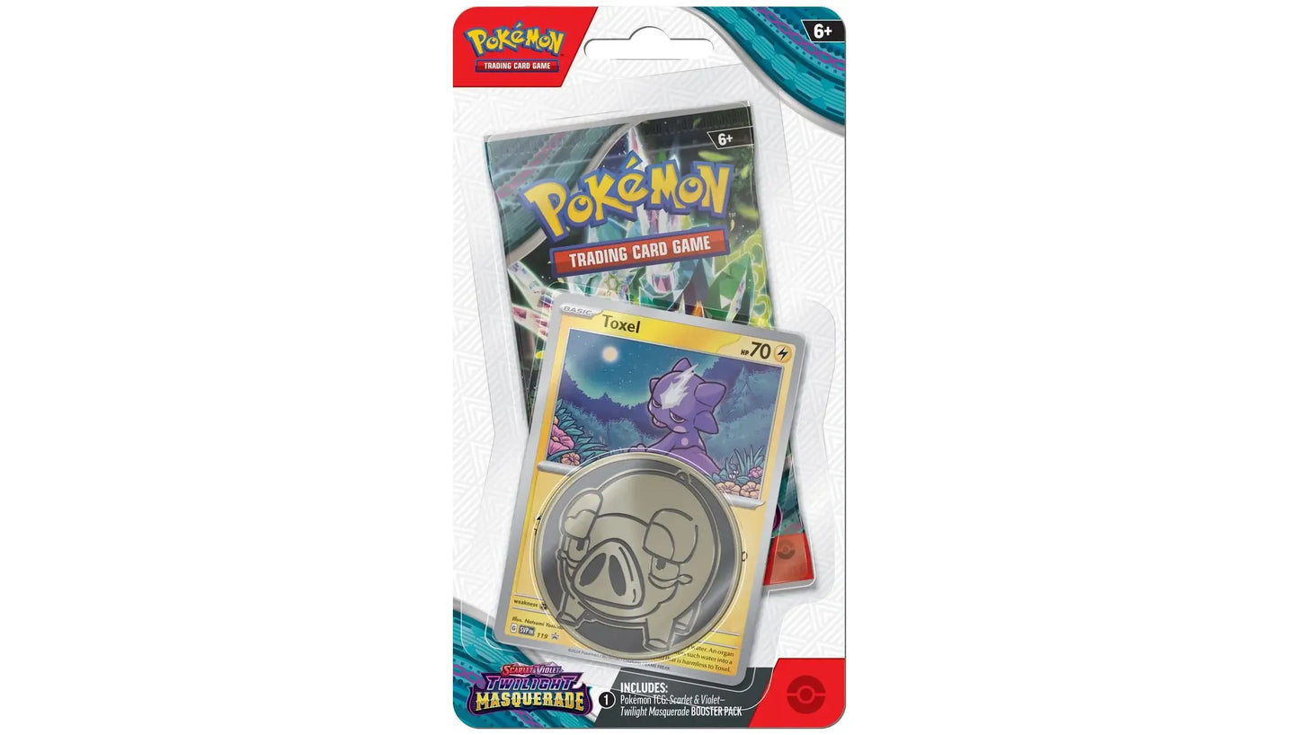 The image shows a Pokémon TCG Twilight Masquerade Checklane Blister featuring Toxel. Sergio’s Collection