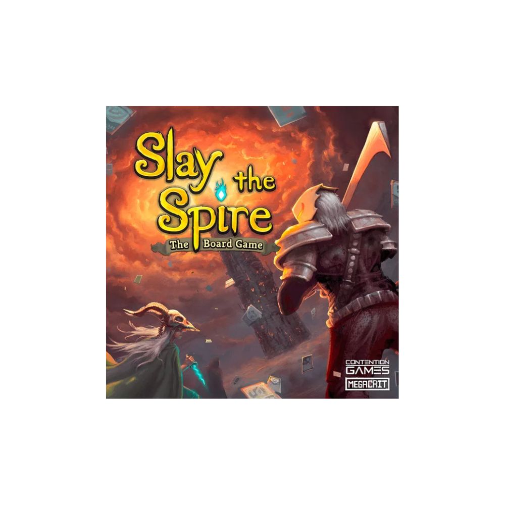 The image shows Slay the Spire: The Board Game, a tabletop adaptation of the popular roguelike deck-building video game, featuring cards, miniatures, and game boards.