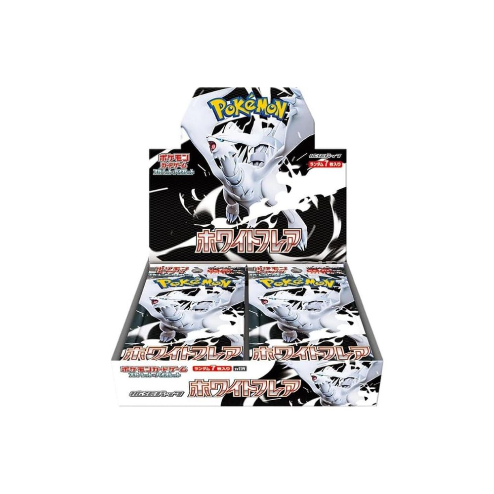 The image shows a Pokémon Japanese White Flare Booster Box, containing multiple booster packs with exclusive content from the Scarlet & Violet series.