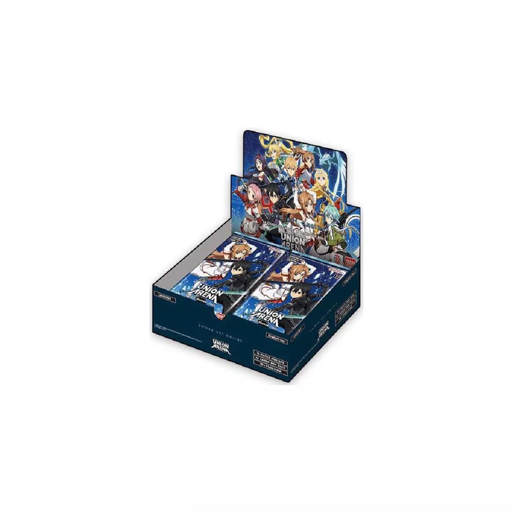 The image shows a Union Arena Sword Art Online Booster Box UE07BT, containing cards based on the iconic anime series for strategic gameplay and collection.