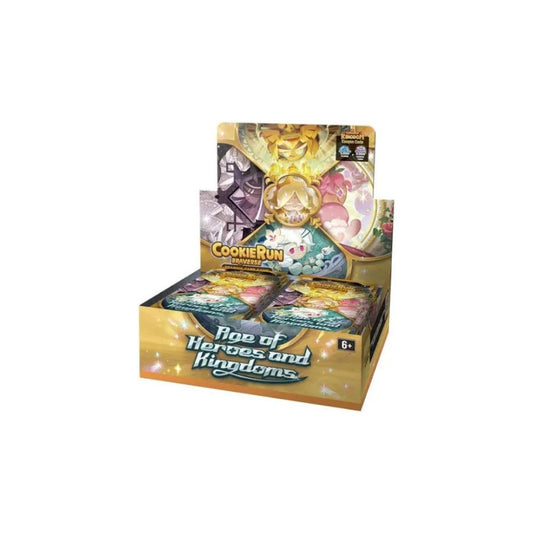 CookieRun Braverse TCG Age of Heroes and Kingdoms Booster Box featuring artwork from the CookieRun universe. Contains multiple booster packs with cards showcasing characters and themes from the Age of Heroes and Kingdoms set.