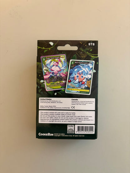 Back of CookieRun Braverse TCG Legendary Cookie Starter Deck Green Guardian Winds featuring characters and themes from the CookieRun universe. 
