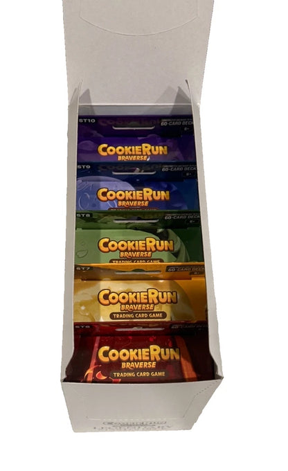 Stack of 'Cookie Run: Braverse' trading card game packs in a display stand.
