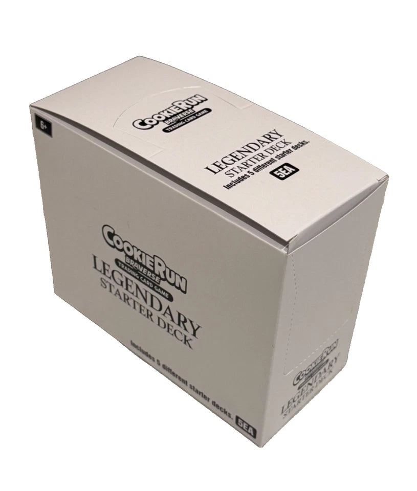 Card game box for 'Cookie Run' with 'Legendary Starter Deck' text on a white background