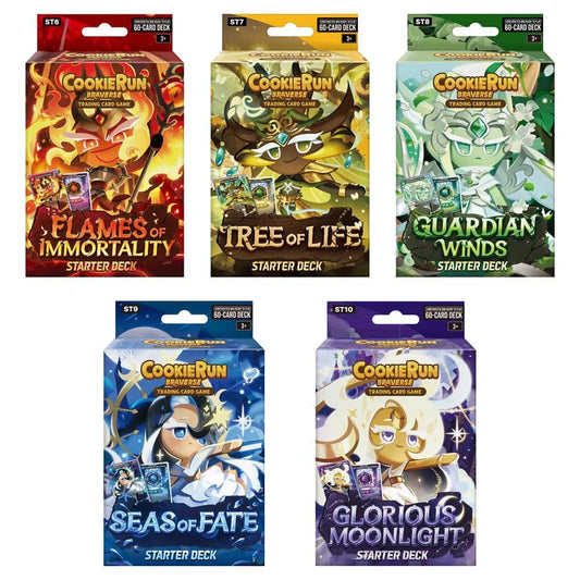 Five 'Cookie Run' trading card game starter decks with colorful packaging on a white background.