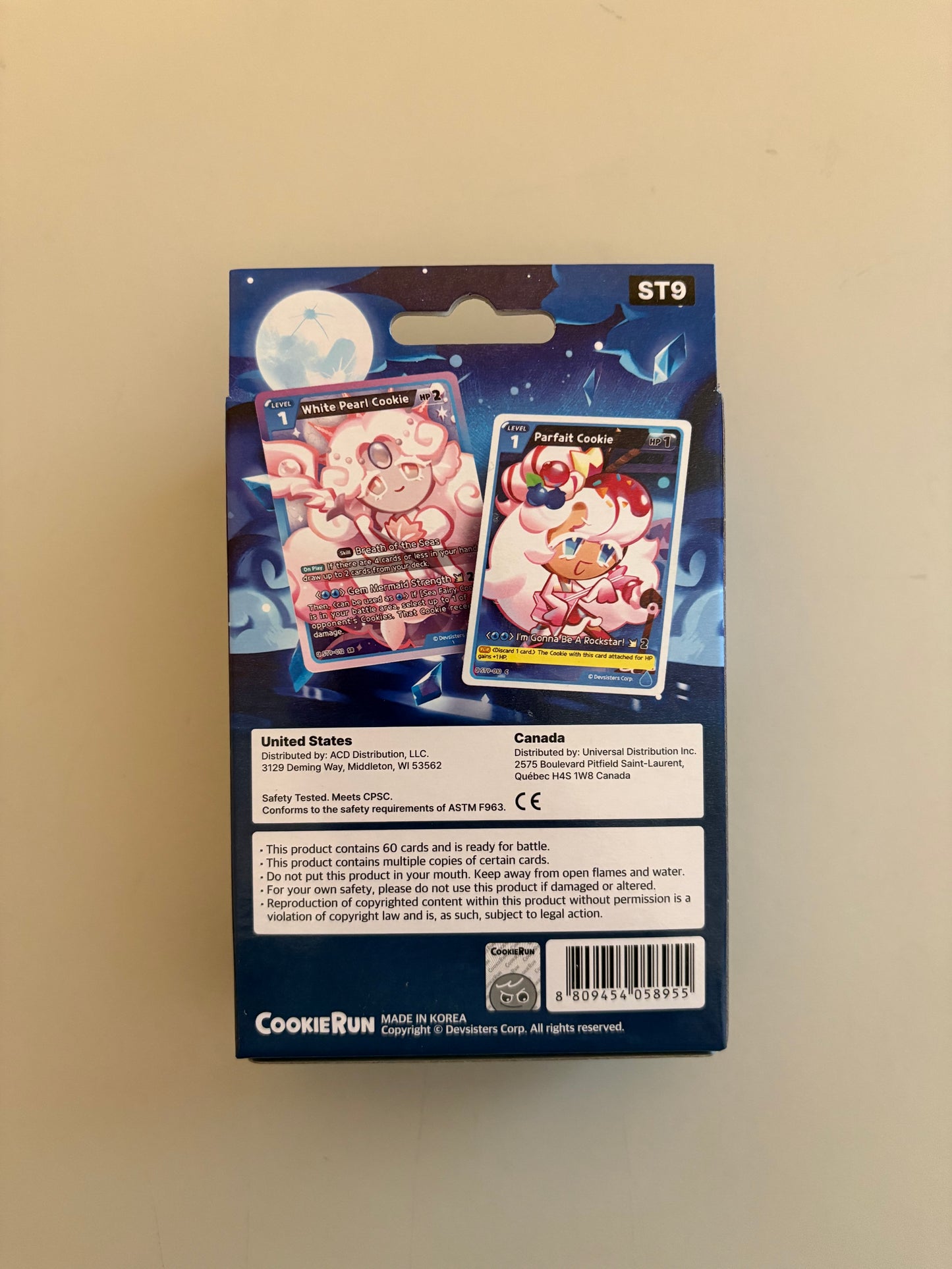 Back of CookieRun Braverse TCG Legendary Cookie Starter Deck Blue Seas of Fate featuring characters and themes from the CookieRun universe.
