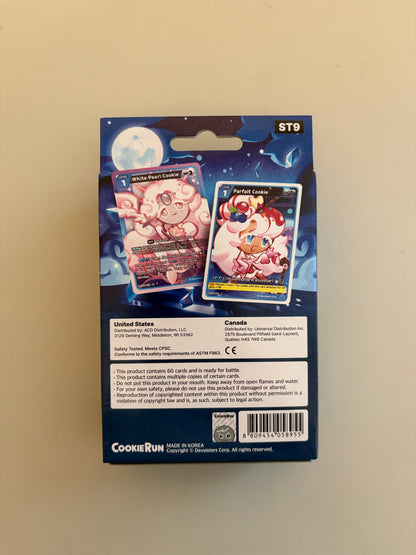 Back of CookieRun Braverse TCG Legendary Cookie Starter Deck Blue Seas of Fate featuring characters and themes from the CookieRun universe.