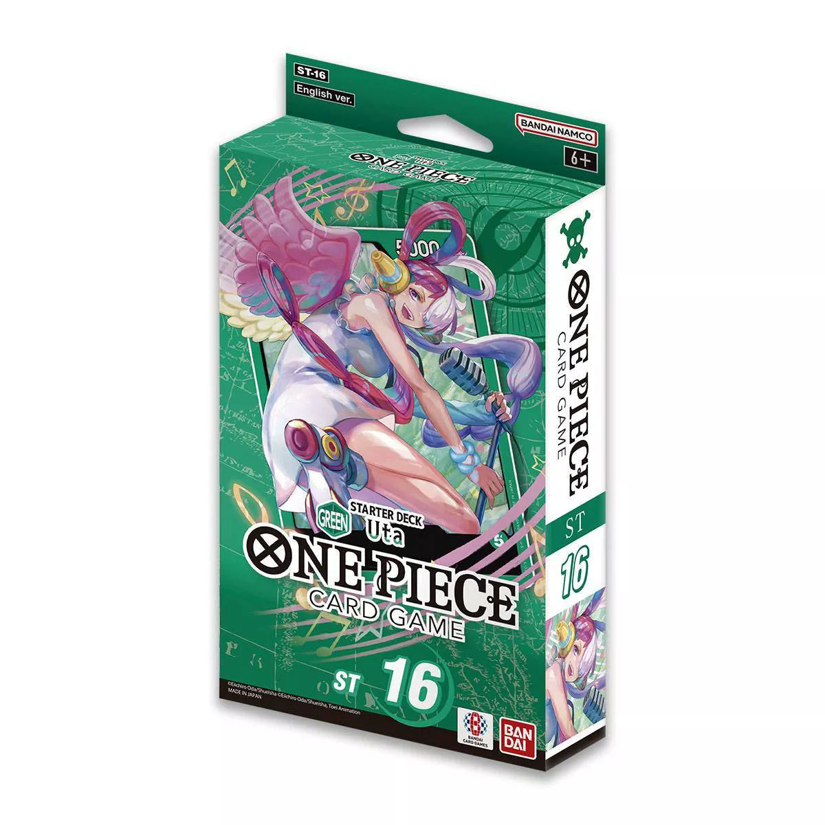 The image displays the One Piece Starter Deck 16 - Green Uta, showcasing the character Uta on the packaging. This starter deck offers a green-themed strategy for beginners looking to dive into the One Piece card game. Sergio’s Collection