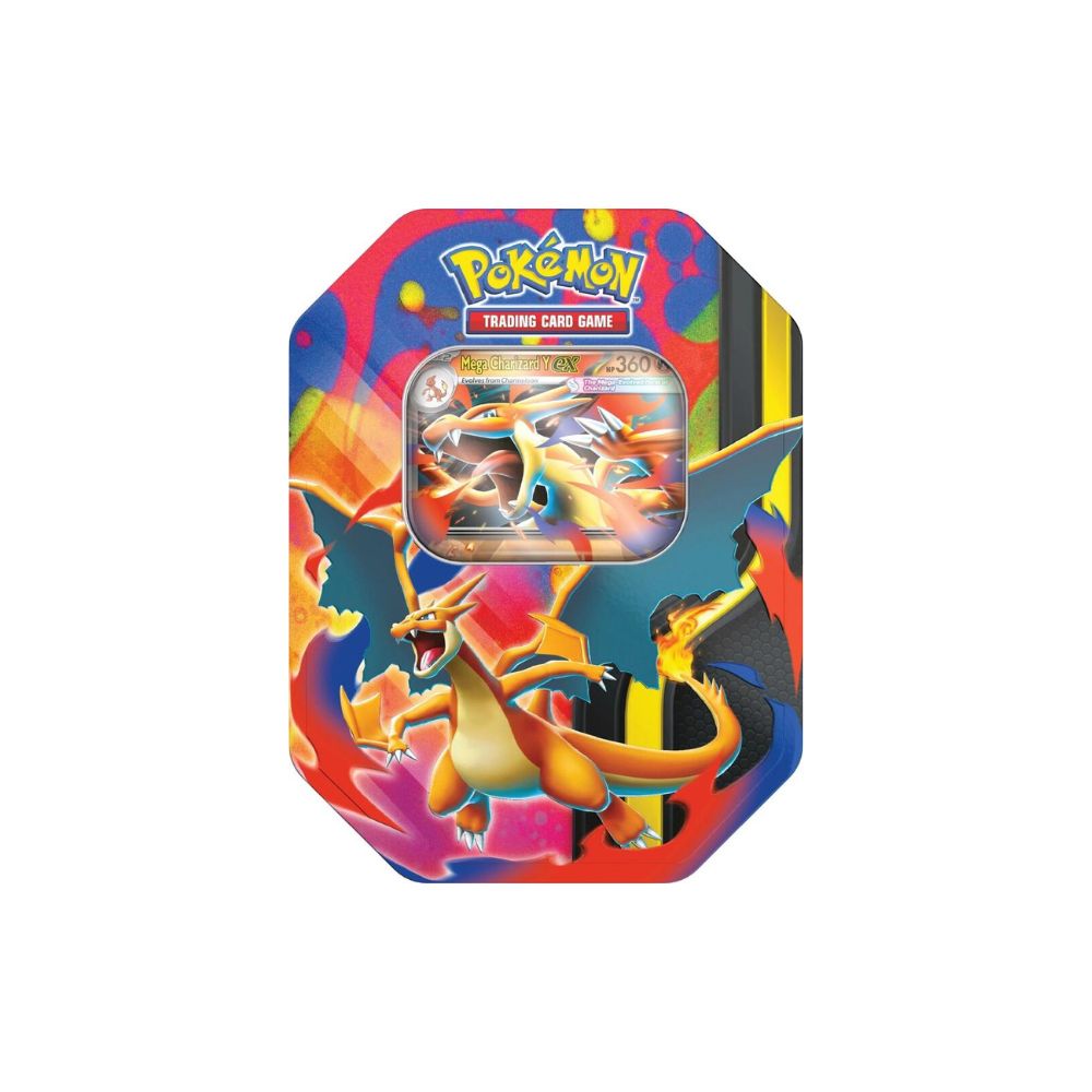 Pokémon TCG Mega Charizard Y Tin featuring Charizard-themed artwork on a collectible metal tin. Includes booster packs and a promo card designed for players and collectors.