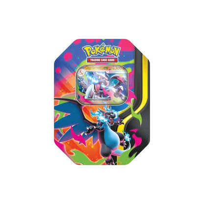 Pokémon TCG Mega Charizard X Tin featuring Charizard-themed artwork on a collectible metal tin. Includes booster packs and a promo card designed for players and collectors.