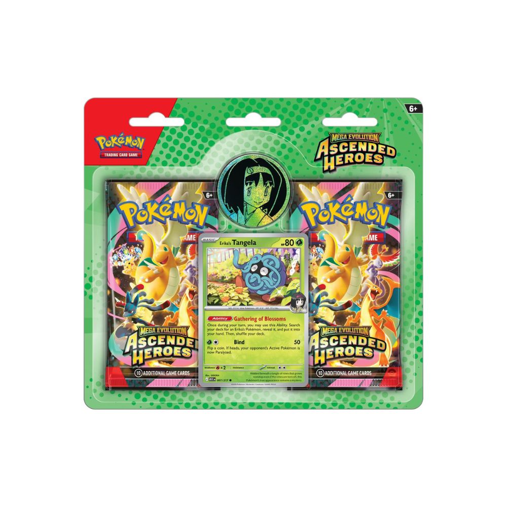Pokémon TCG Mega Evolution Ascended Heroes Collection 2-Pack Blister featuring Erika from the Ascended Heroes expansion. Includes two booster packs and a promotional card for collectors and players.