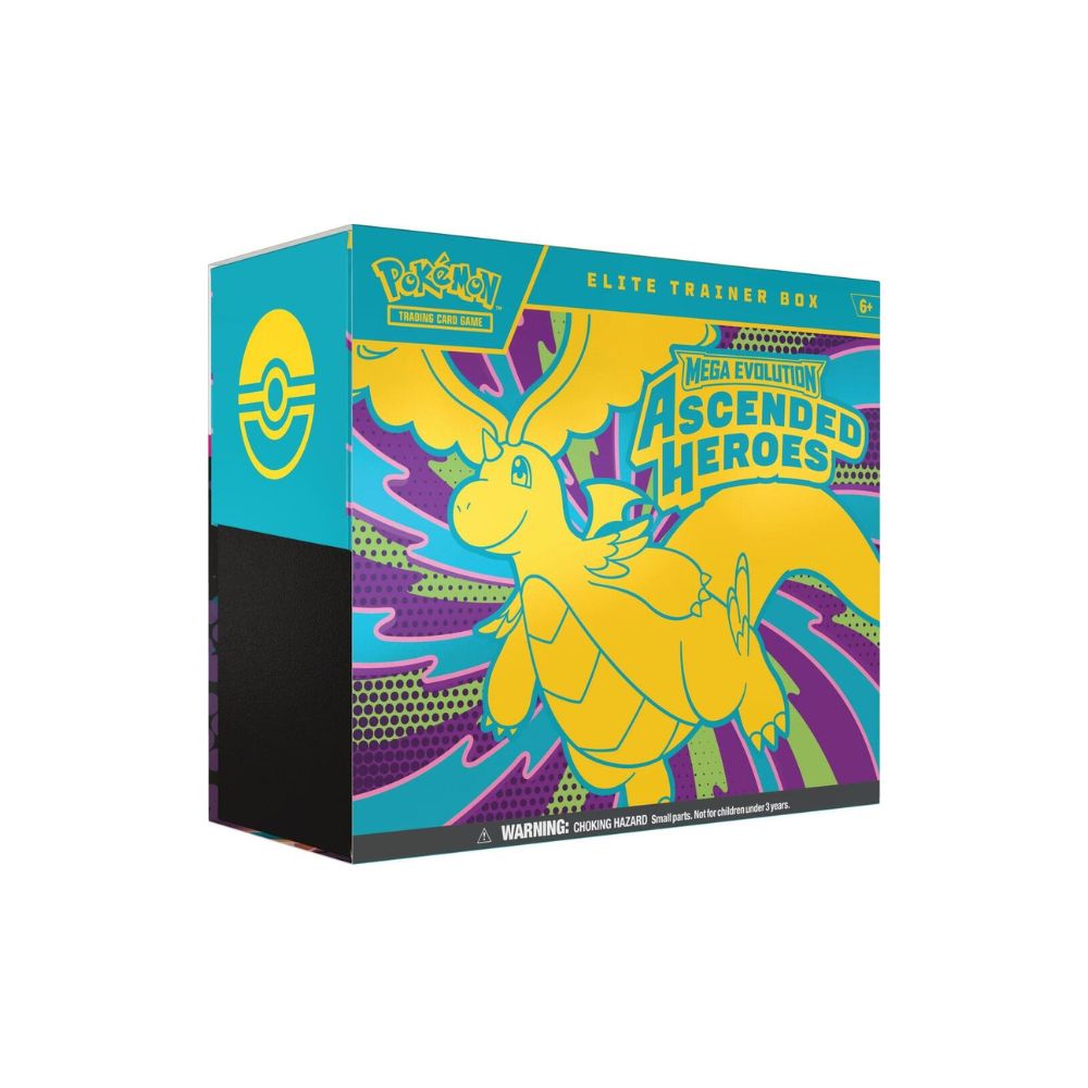 Pokémon TCG Mega Evolution Ascended Heroes Elite Trainer Box featuring set-themed artwork and premium packaging. Includes booster packs, card sleeves, dice, and gameplay accessories from the Ascended Heroes expansion.