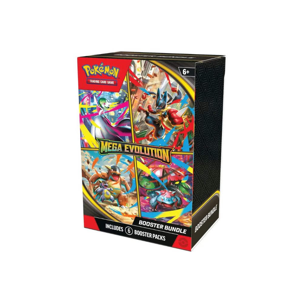 The image shows another front view of the Pokémon TCG Mega Evolution ME01 Booster Bundle. The packaging artwork emphasizes Mega Evolution Pokémon featured in the set.