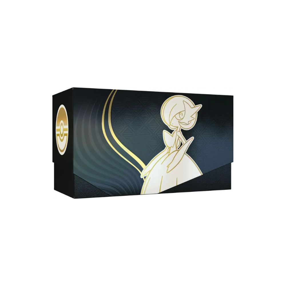 The image shows the contents of the Pokémon TCG Mega Evolution ME01 Elite Trainer Box with Gardevoir artwork. The box includes booster packs, card sleeves, dice, and other gameplay accessories.