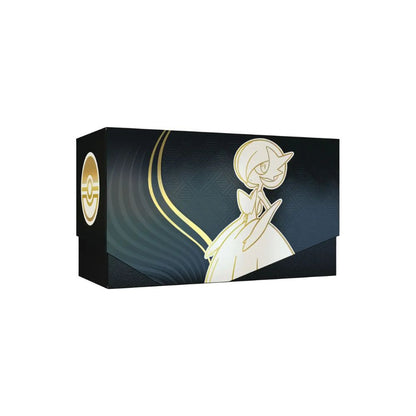 The image shows the contents of the Pokémon TCG Mega Evolution ME01 Elite Trainer Box with Gardevoir artwork. The box includes booster packs, card sleeves, dice, and other gameplay accessories.