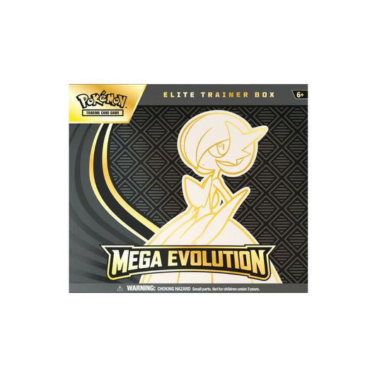 The image shows the Pokémon TCG Mega Evolution ME01 Elite Trainer Box featuring Gardevoir artwork. This box provides essential accessories and booster packs for the Mega Evolution set.