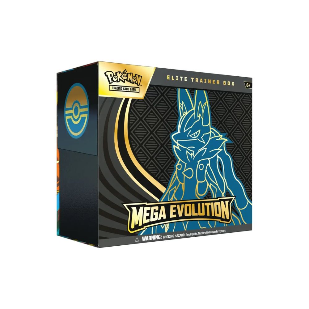 The image shows another view of the Pokémon TCG Mega Evolution ME01 Elite Trainer Box with Lucario artwork. The design emphasizes Mega Lucario as a featured Pokémon from the set.