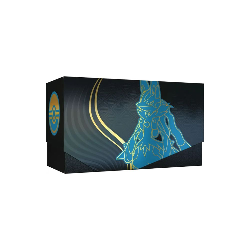 The image shows the contents of the Pokémon TCG Mega Evolution ME01 Elite Trainer Box with Lucario artwork. Inside are booster packs, card sleeves, dice, and other accessories for the Pokémon TCG