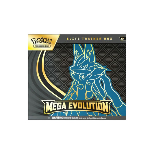 The image shows the Pokémon TCG Mega Evolution ME01 Elite Trainer Box featuring Lucario artwork. This box includes booster packs and gameplay accessories from the Mega Evolution set.
