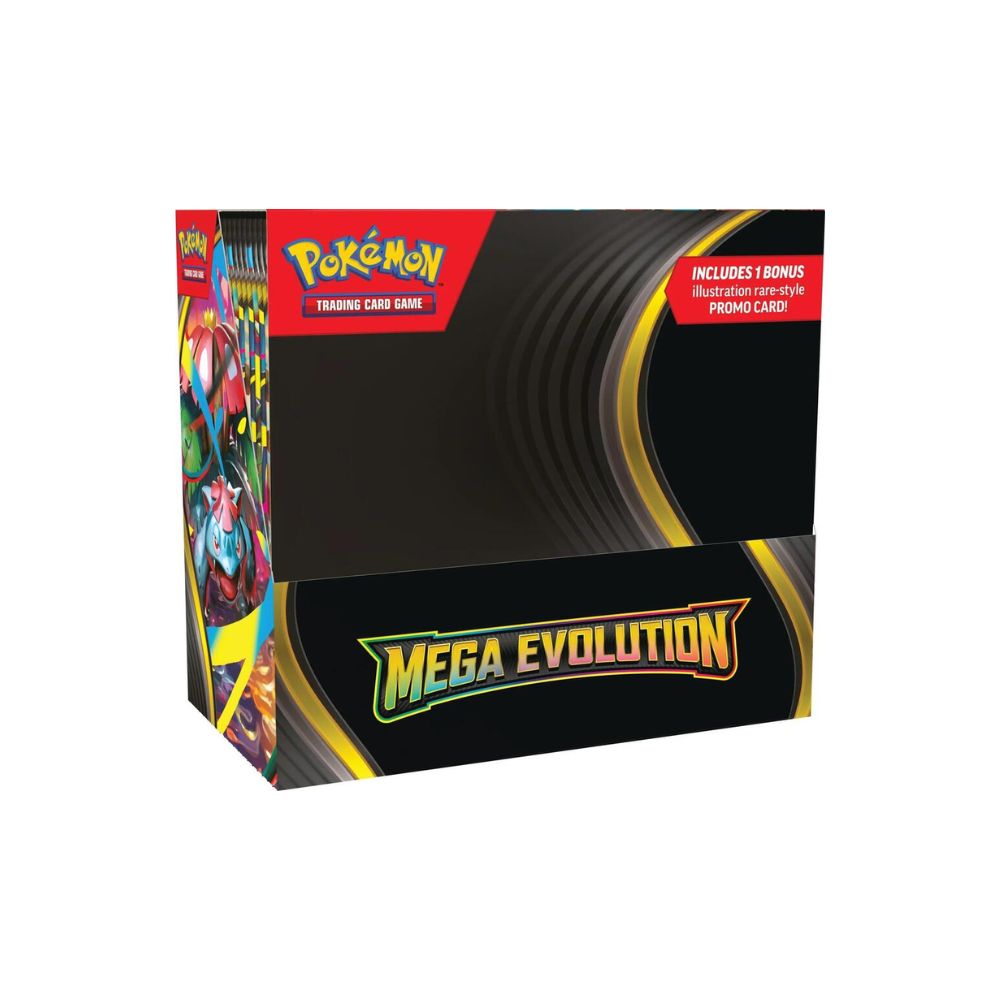 The image shows another view of the Pokémon TCG Mega Evolution ME01 Enhanced Booster Box. The packaging highlights Mega Evolution Pokémon and is designed for collectors and players.