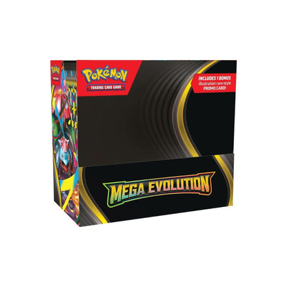 The image shows another view of the Pokémon TCG Mega Evolution ME01 Enhanced Booster Box. The packaging highlights Mega Evolution Pokémon and is designed for collectors and players.