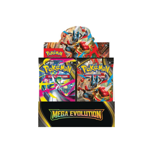 The image shows the Pokémon TCG Mega Evolution ME01 Enhanced Booster Box. This sealed box contains multiple booster packs from the Mega Evolution set.