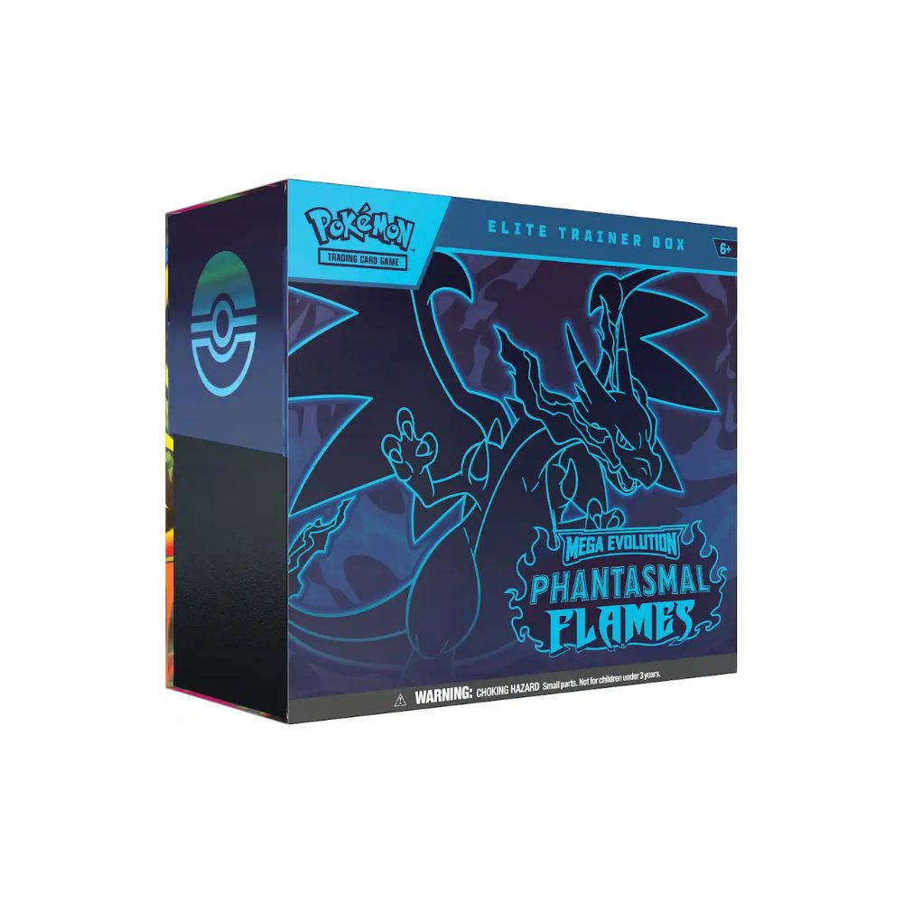 Pokémon TCG Mega Evolution ME02 Phantasmal Flames Elite Trainer Box with set-themed artwork and accessories. Includes booster packs, sleeves, dice, and other essentials for players and collectors.
