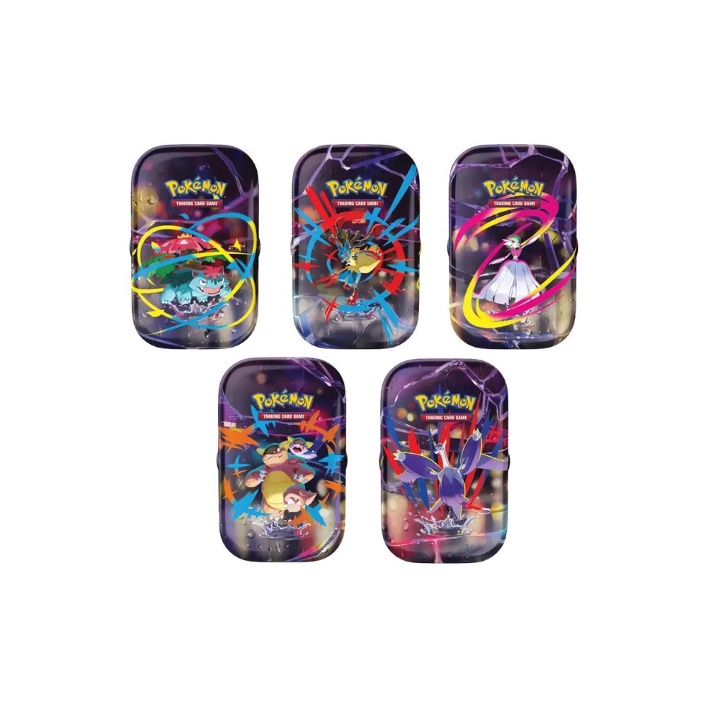The image shows the five different Pokémon TCG Mega Heroes ME01 Mini Tins. Each tin features unique artwork of Mega Venusaur, Mega Lucario, Mega Gardevoir, Mega Kangaskhan, and Mega Latios.