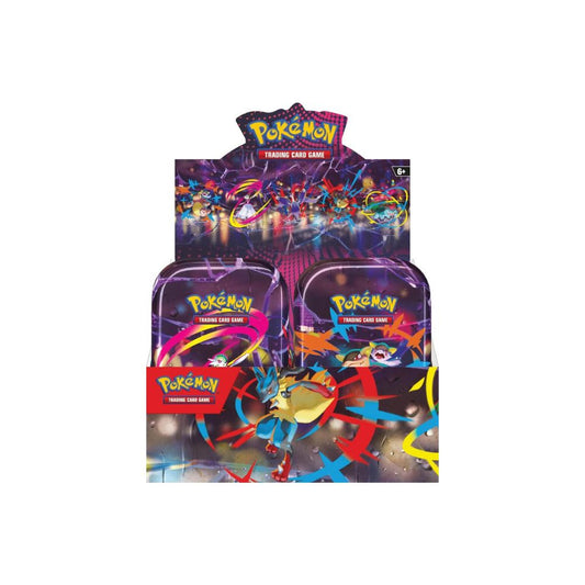 The image shows a Pokémon TCG Mega Heroes ME01 Mini Tin Display. This sealed display includes multiple mini tins featuring Mega Pokémon artwork.